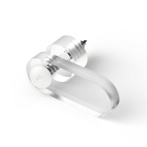 Plexiglas Clips including ring and stainless steel Torx screw, crystal-clear and suitable for sturdy mounting.