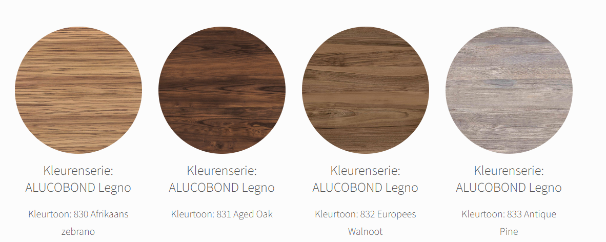 Alucobond Legno plaatmateriaal met houtlook, geschikt voor gevelbekleding en interieurtoepassingen."